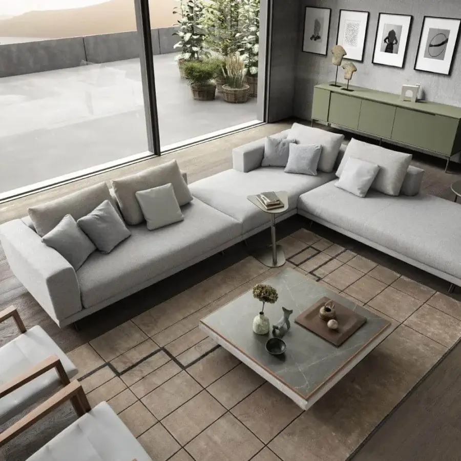 Exceptional Presotto San Marino sectional with light gray textile upholstery and peltro varnished metal feet