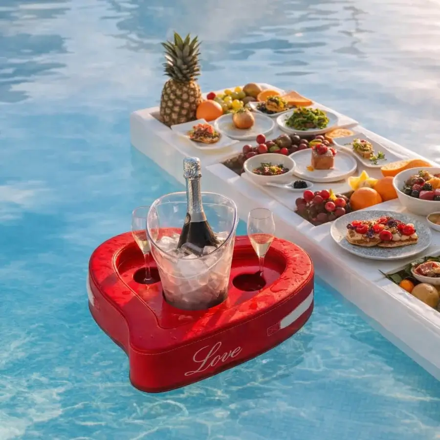 Fine Trona Floating Love Bar tray crafted from red eco‑leather with glossy finish, bucket, glass recesses, white script trim