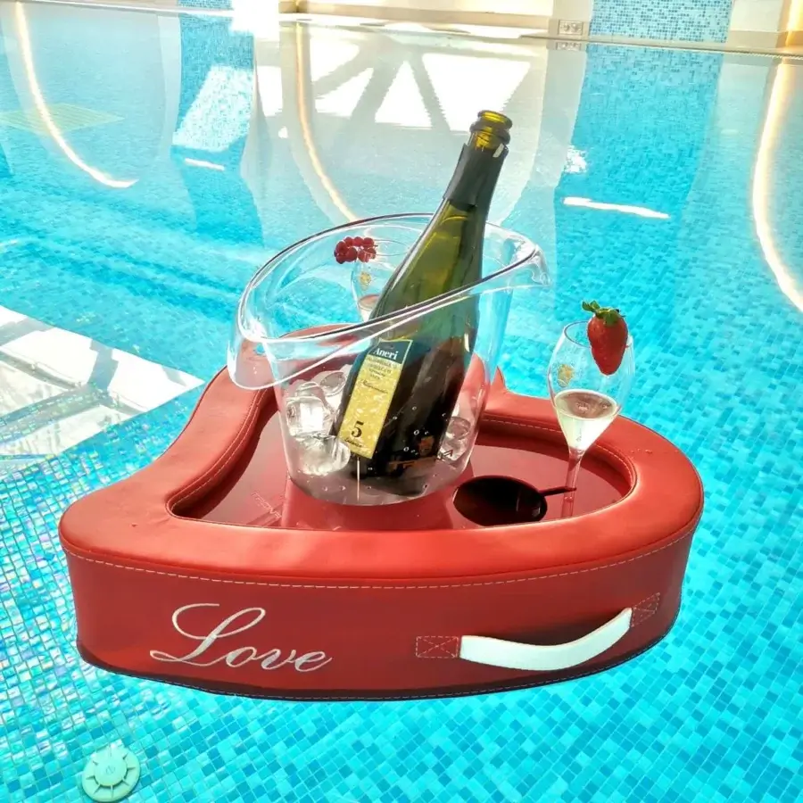 Premium Trona Floating Love Bar heart‑shaped tray with red eco‑leather and smooth leather‑like surface