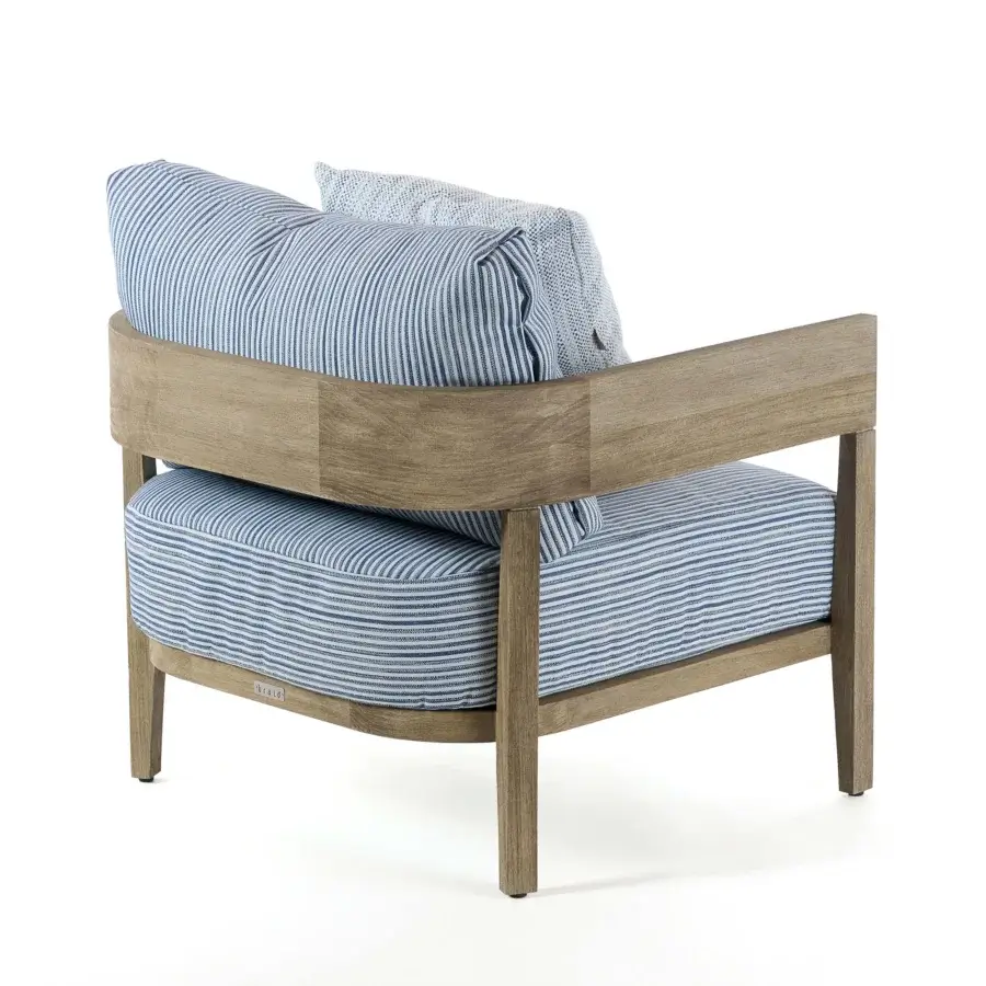 Luxury Braid Feeling Lounge Chair with teak frame, blue and white striped cushions, light-grey pillow, and matte finish