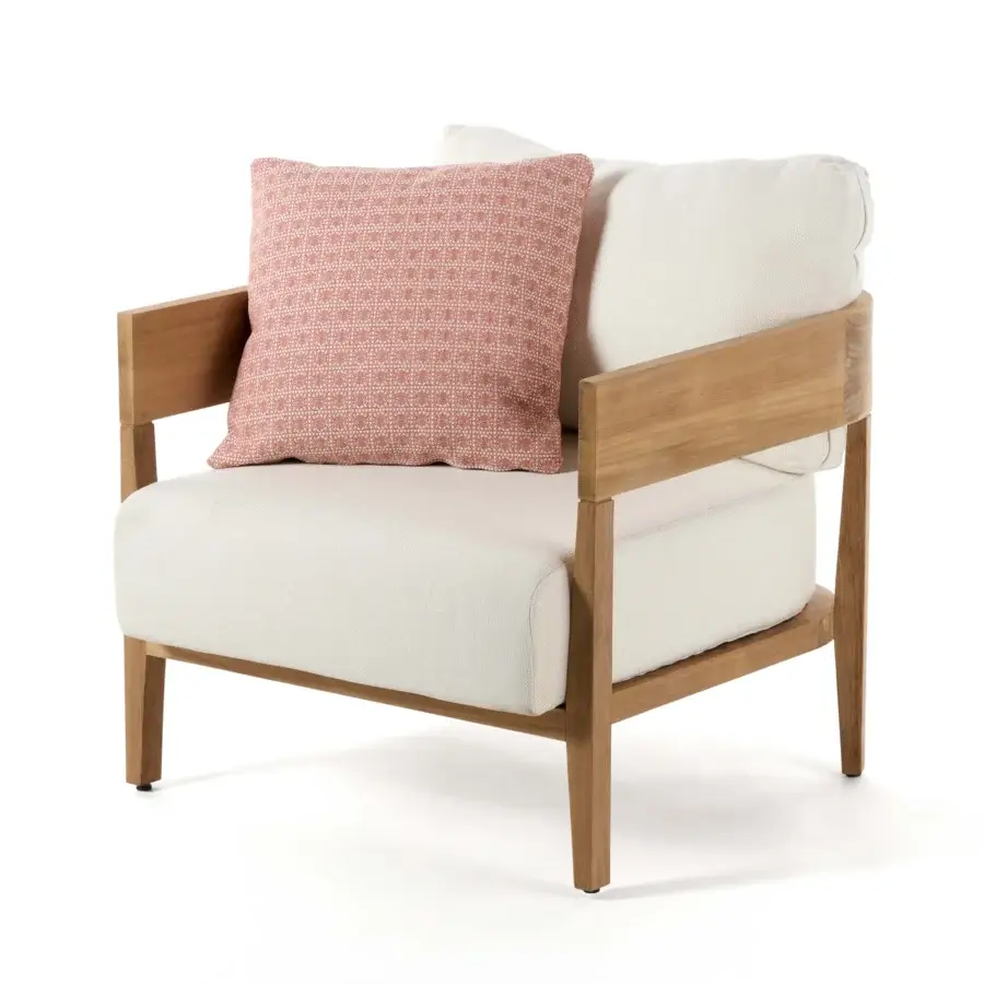 Elegant lounge chair with warm teak structure in natural brown finish and plush off‑white cushions, wide armrests