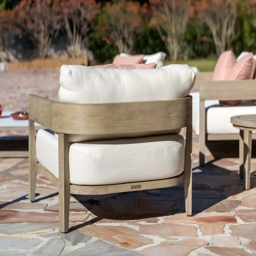 Luxury Braid Feeling Lounge Chair with teak frame finished weathered tone and off‑white woven textile upholstery low‑profile