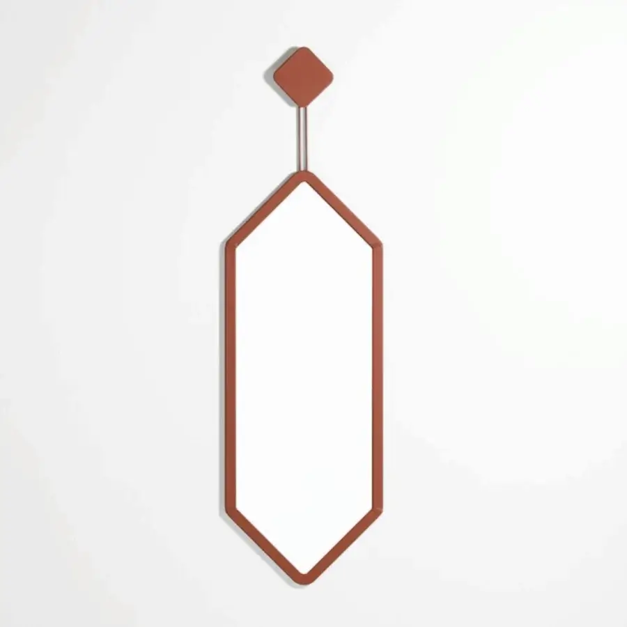 Sophisticated Potocco Stilla hexagonal mirror with reflective glass in reddish-brown matte leather and bronzed brass joints