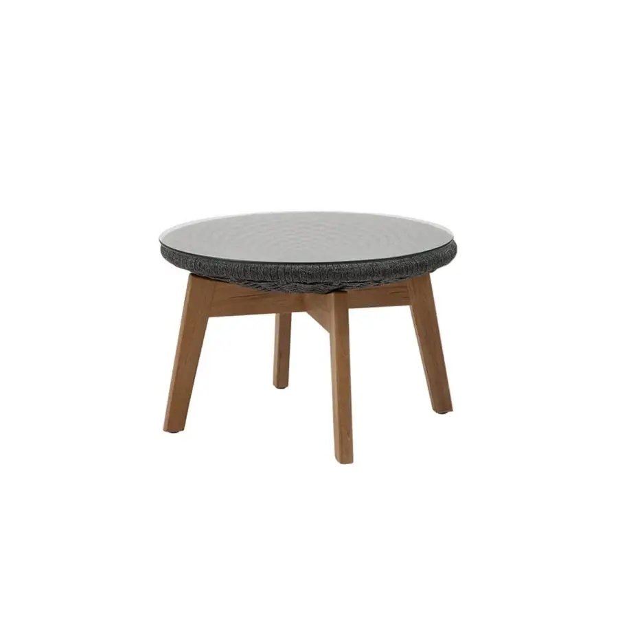 Luxury Cane‑Line Peacock Side Table with clear glass disc on grey woven ring in Weave finish wooden legs brown grain