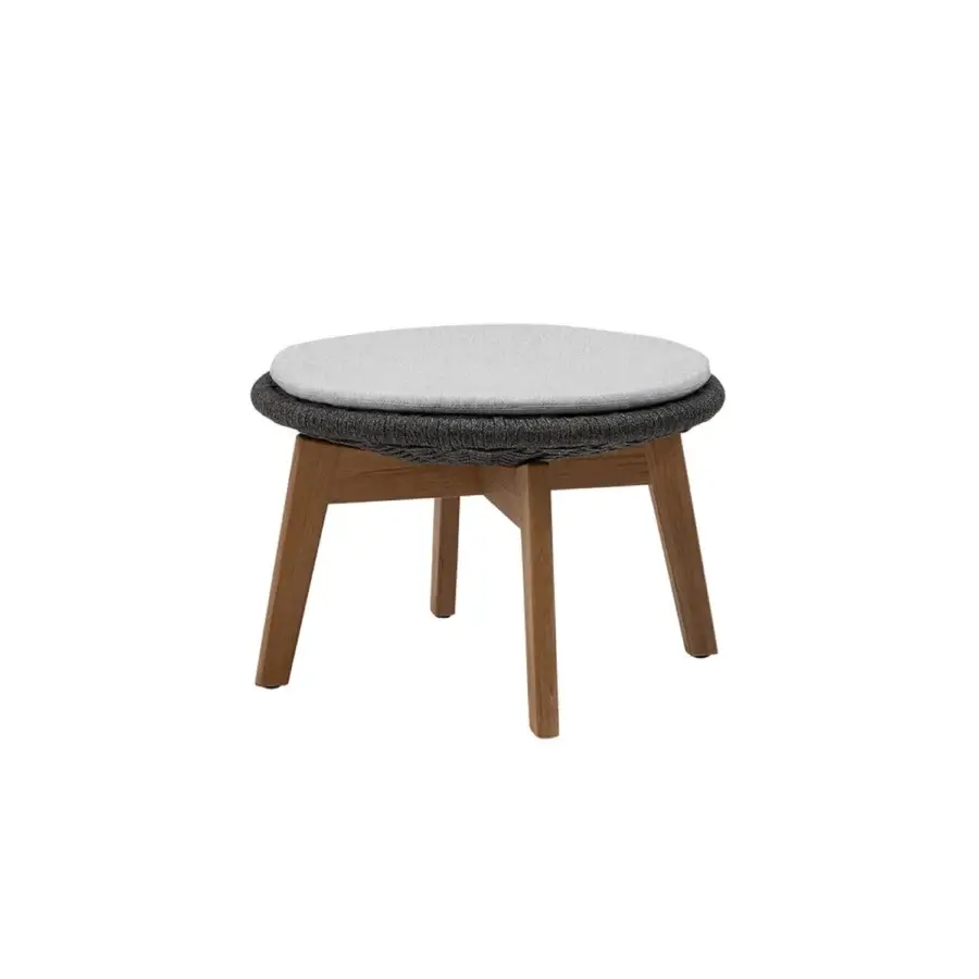 Refined Cane-Line Peacock side table stool in light grey textile and charcoal weave with natural medium brown wooden legs
