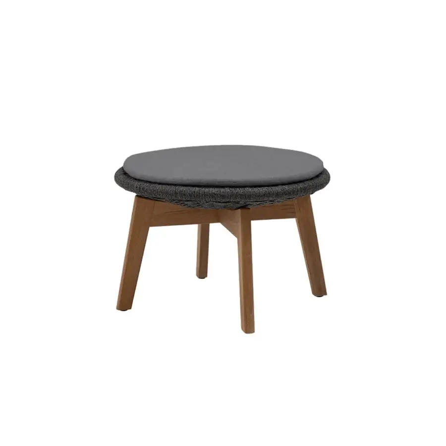 Sophisticated Cane-Line Peacock side table stool in dark grey textile and weave with matte medium-brown wooden legs