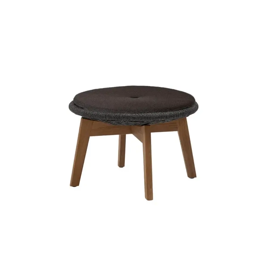 Contemporary Cane-Line Peacock side table stool with dark charcoal woven textile seat and smooth matte medium brown wooden base