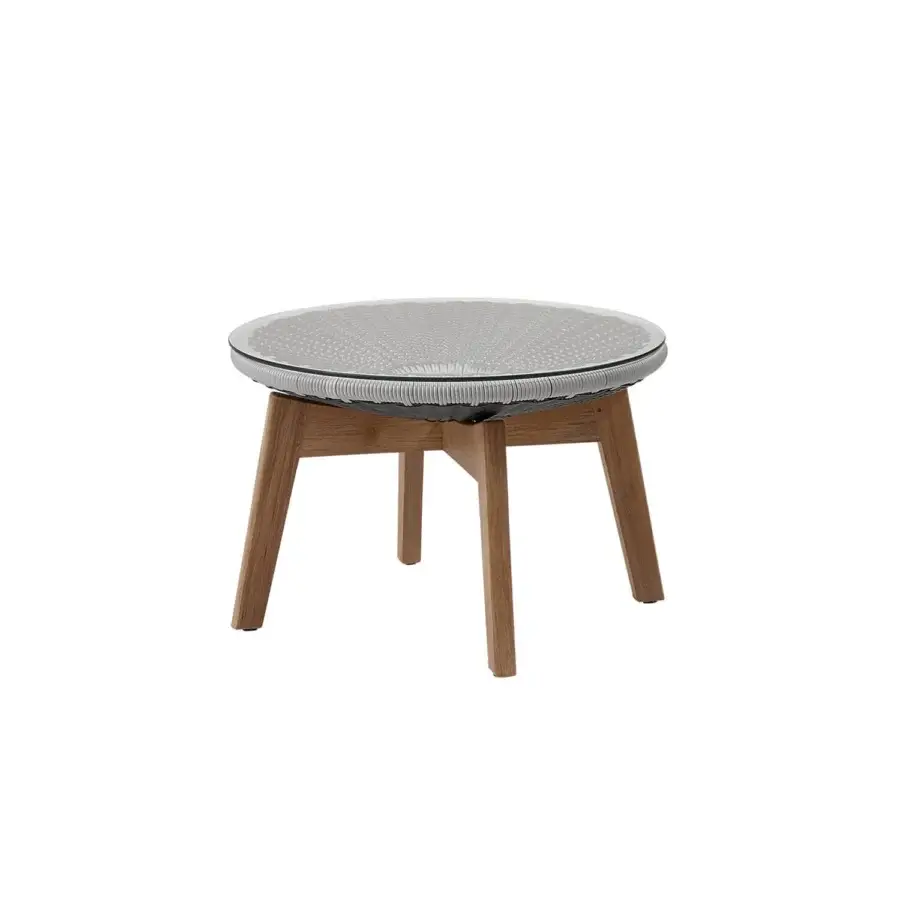 Luxury Cane-Line Peacock side table with white and light-grey woven top, glossy glass plate plus natural-brown wooden legs