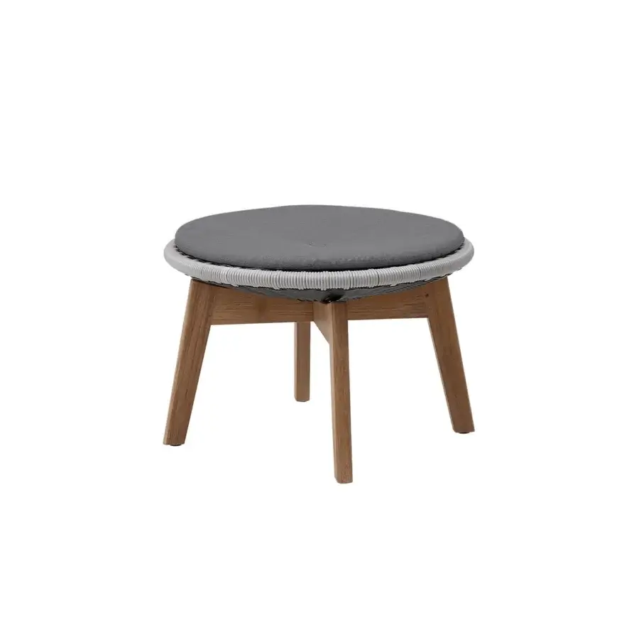 Exquisite Cane-Line Peacock side table stool in dark grey matte textile, light woven band and natural brown wooden frame