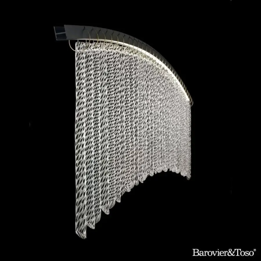 Exclusive Barovier&Toso Palmyra suspension lamp with cascading form crafted in anodized steel and twisted Murano glass fiber with integrated LED stripes