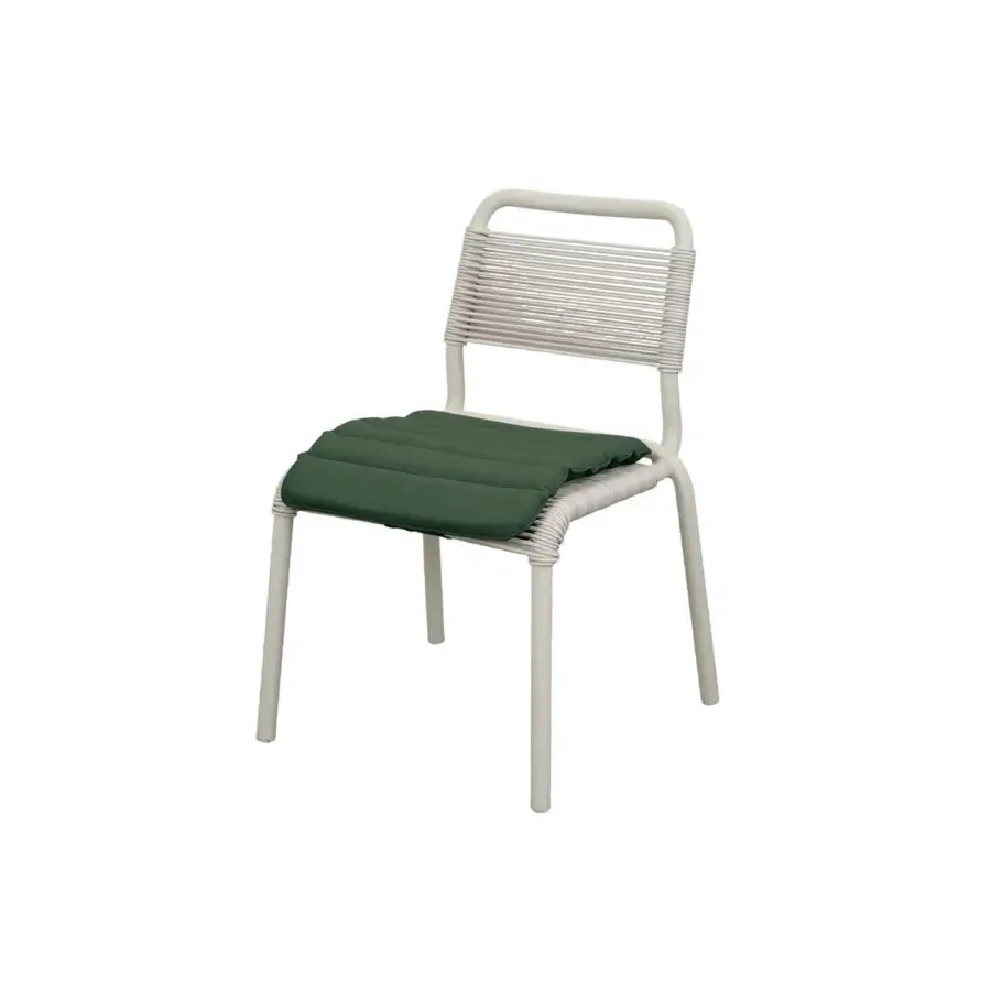 Elegant Cane‑Line Al Dente dining chair with powder‑coated aluminum frame, woven seat and backrest, dark green cushion