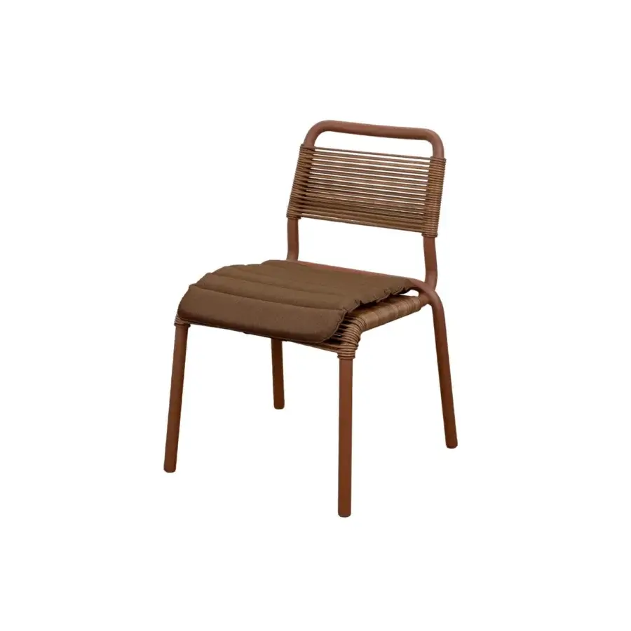 High-end Cane-Line Al Dente dining chair with powder‑coated aluminum frame, matte finish, handwoven seat, brown accents