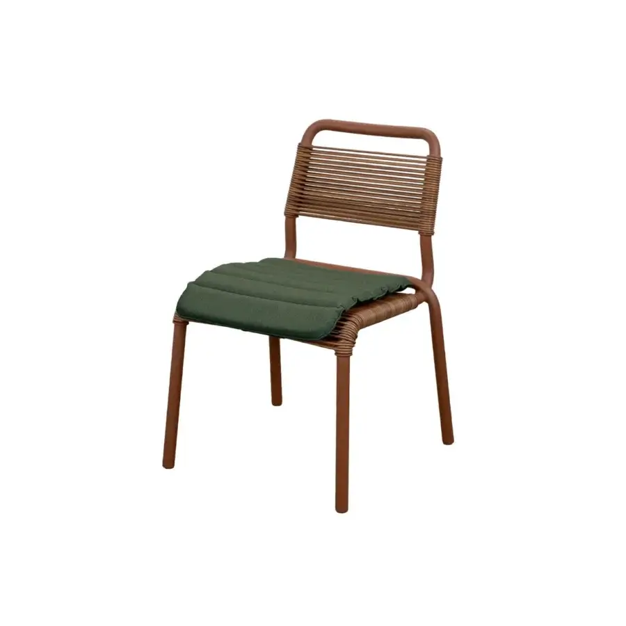 Sophisticated Cane-Line Al Dente dining chair in terracotta brown powder-coated aluminum with ribbed forest green cushion