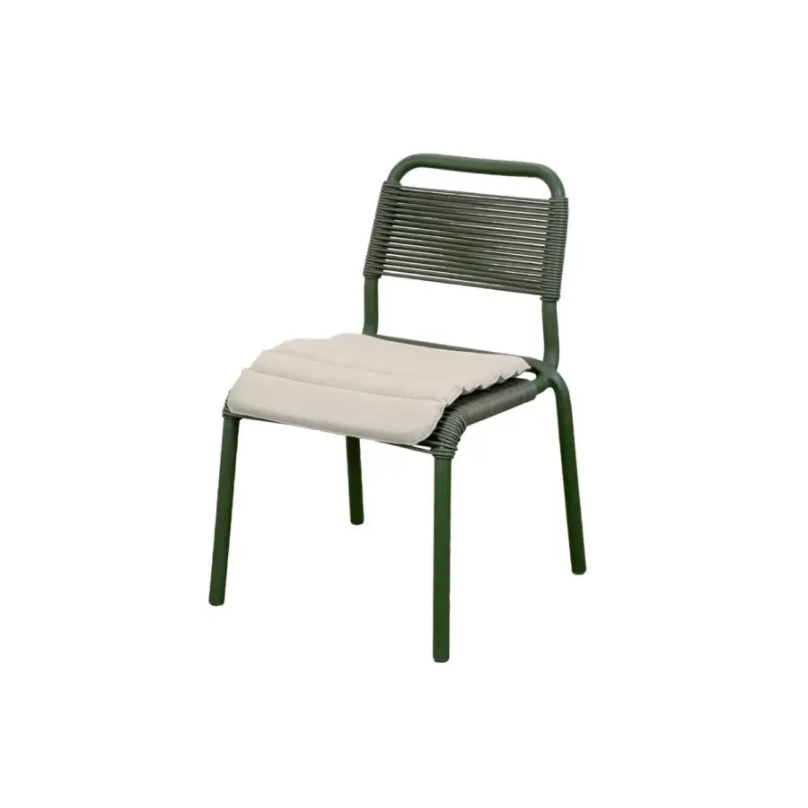 Elegant Cane-Line Al Dente dining chair with powder-coated aluminum frame, olive green strands, and beige textile cushion