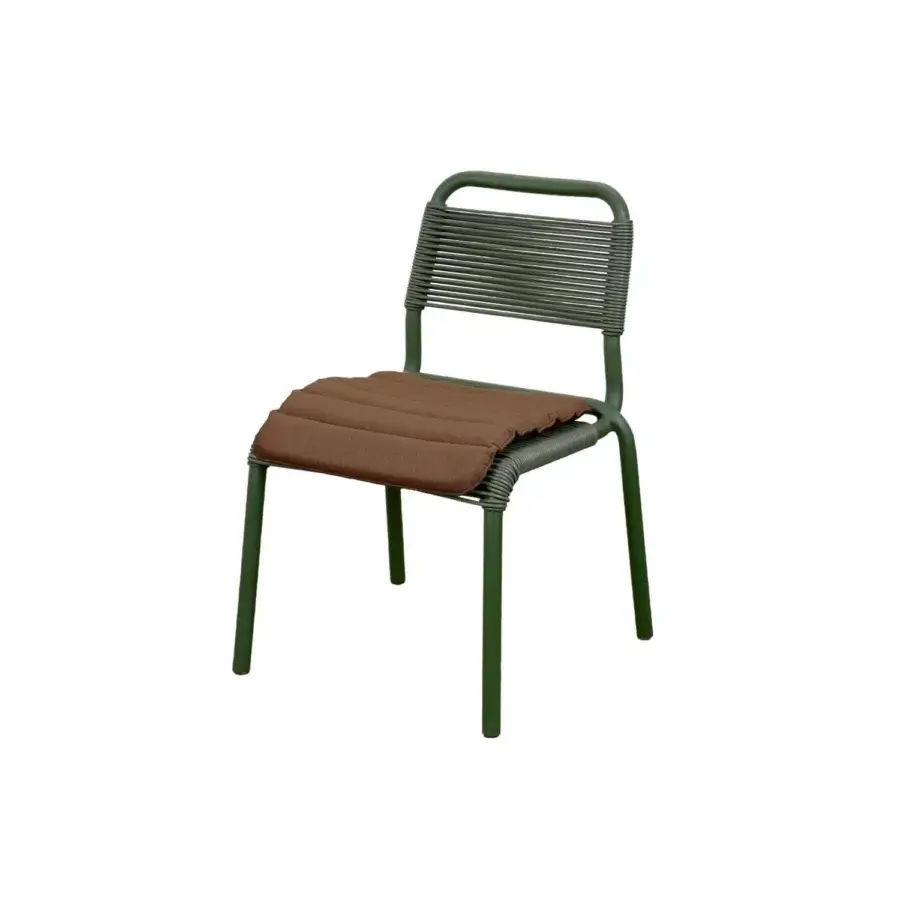Premium Cane-Line Al Dente chair with olive‑green aluminum frame, woven seat backrest slender strands, textured brown cushion
