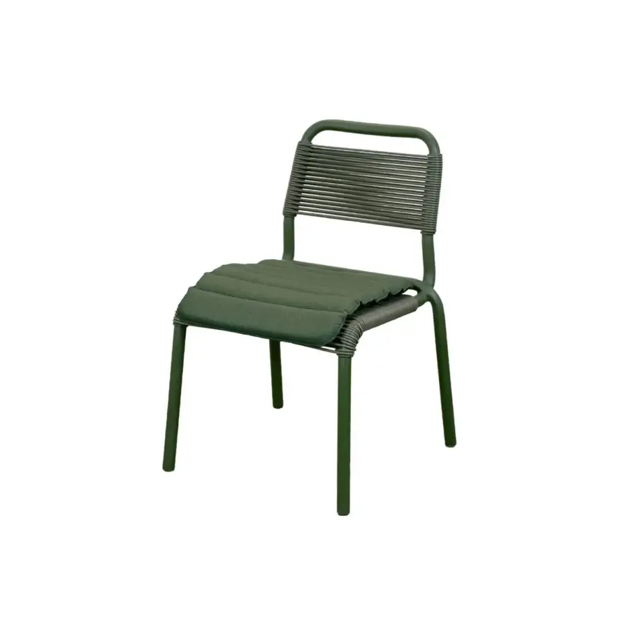 Luxury Cane-Line Al Dente chair with aluminum frame, woven olive‑green seat and backrest, matte finish, stackable design