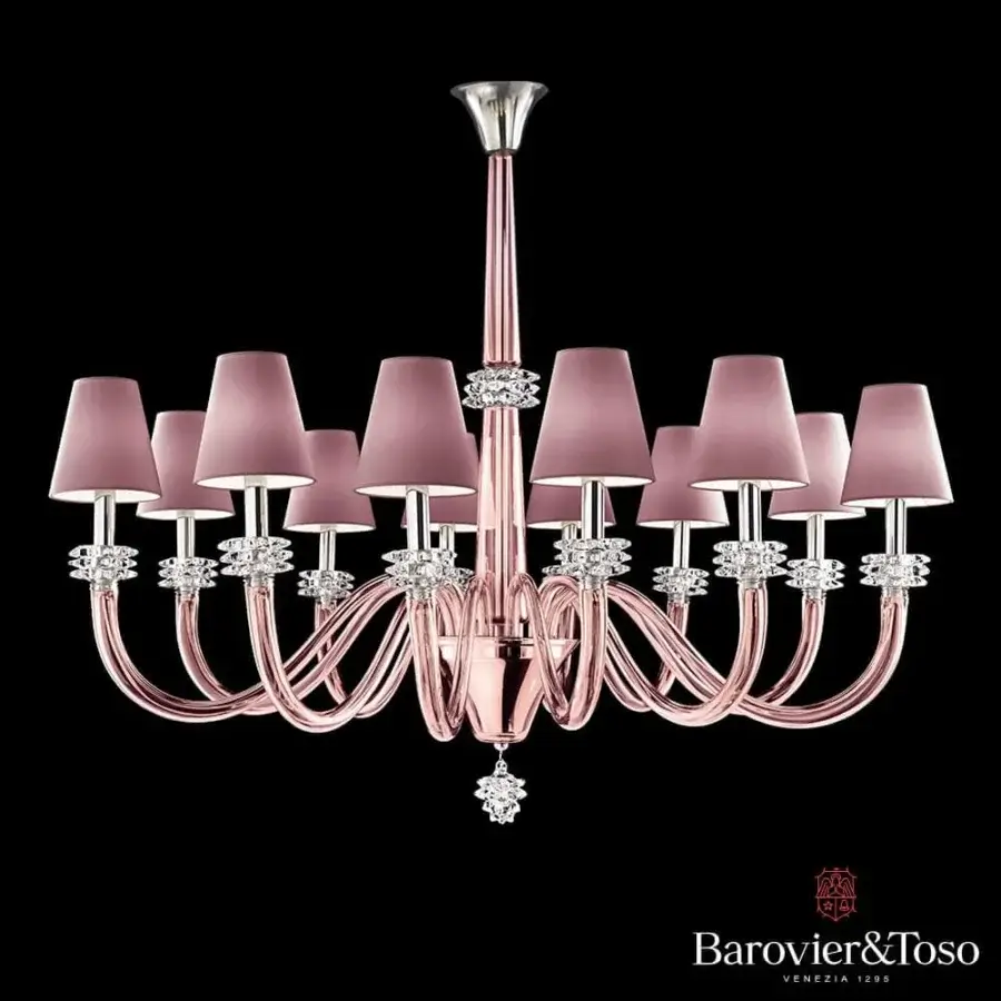 Exceptional Barovier&Toso Amsterdam chandelier crafted in transparent pink glass with silver-toned metalwork and fabric lampshades