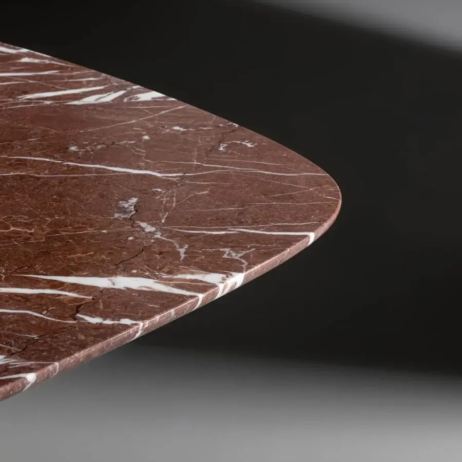 Innovative Bonaldo Geometric table with reddish-brown marble tabletop and distinct patterned finish displaying white veining