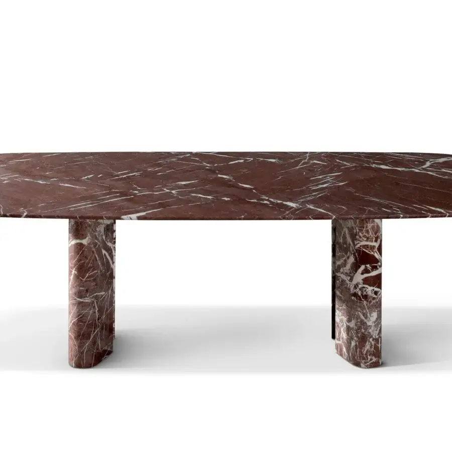 Distinguished Bonaldo Geometric table with a refined top and teardrop legs in a hand spatulated clay finish displaying reddish-brown hues with white veining