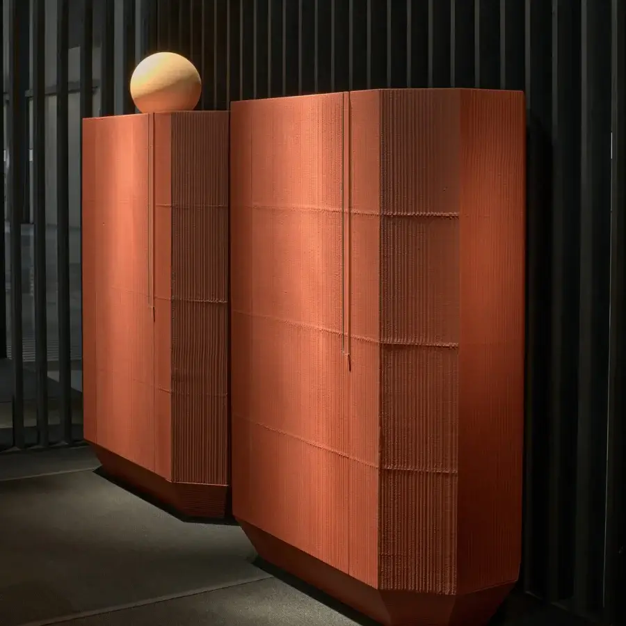Architectural Gervasoni Tapies cupboard crafted from MDF with terracotta fluted-effect concrete finish and glass shelves
