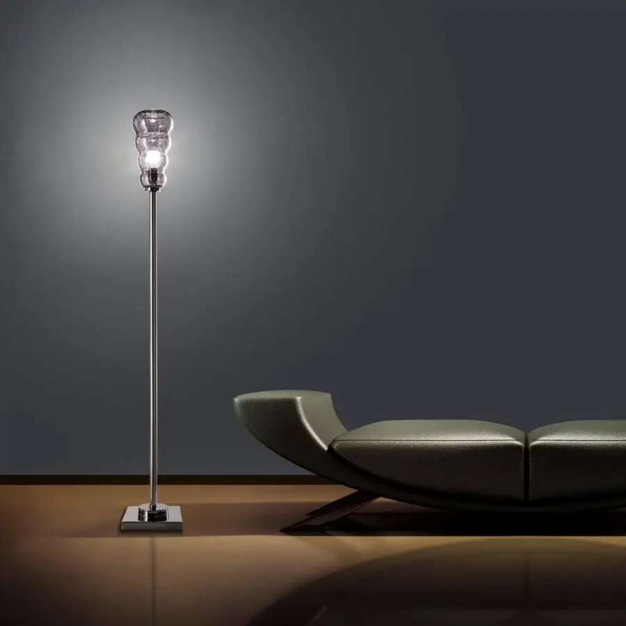 Architectural Euroluce Vogue floor lamp crafted with polished silver metal and sculptural iridescent textured glass shade