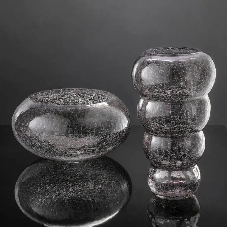 Premium Euroluce Vogue centerpiece and vase set crafted from transparent purple glass with internal crackle texture