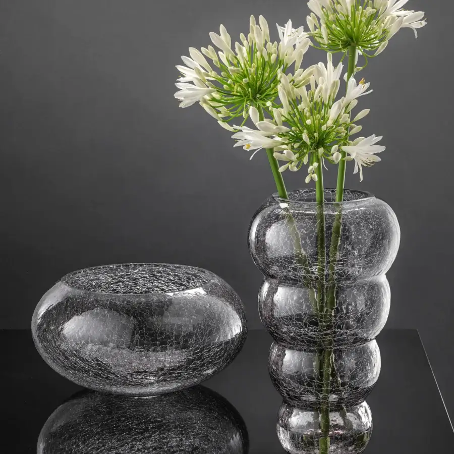 Architectural Euroluce Vogue Centerpiece & Vase Set in crackle texture transparent glass with stacked spherical volumes