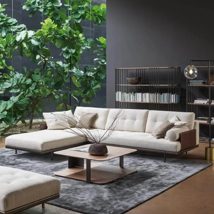 Elegant Bonaldo Maximilian sectional with light beige textile upholstery and a sleek matt varnished metal base