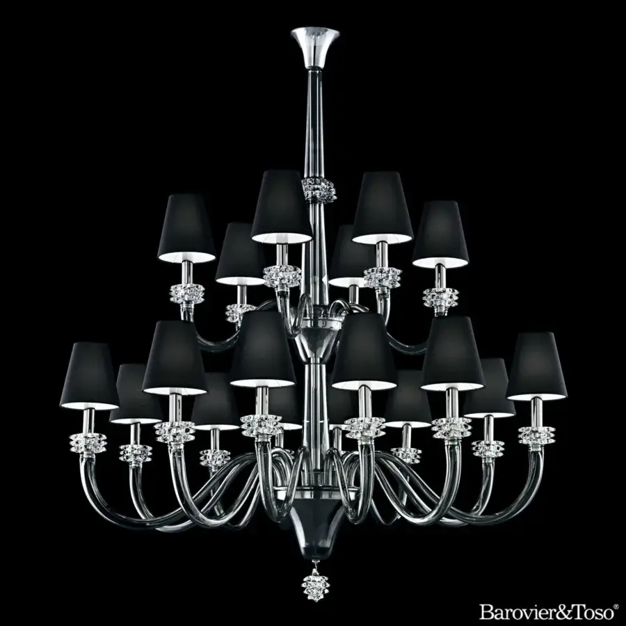 Exceptional Barovier&Toso Amsterdam chandelier crafted in glass and metal with a glossy finish and conical black lampshades