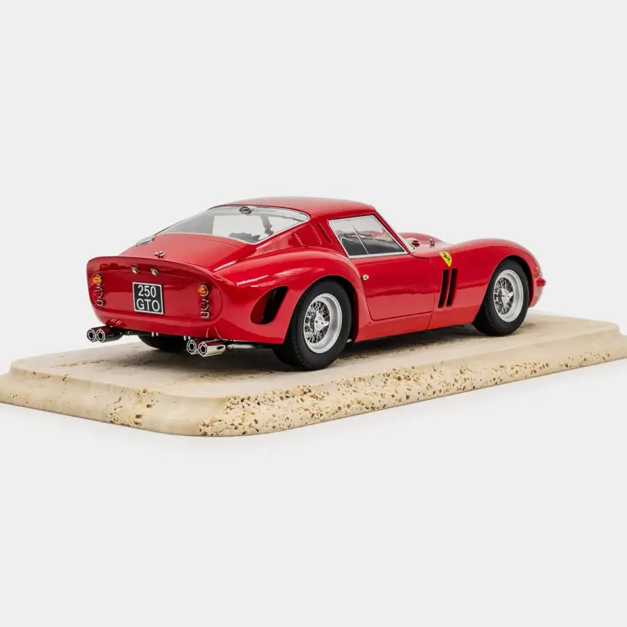 Exquisite Vèlle Milano Ferrari 250GTO scale model in silver-toned metal and cream porous base with glossy bright red finish