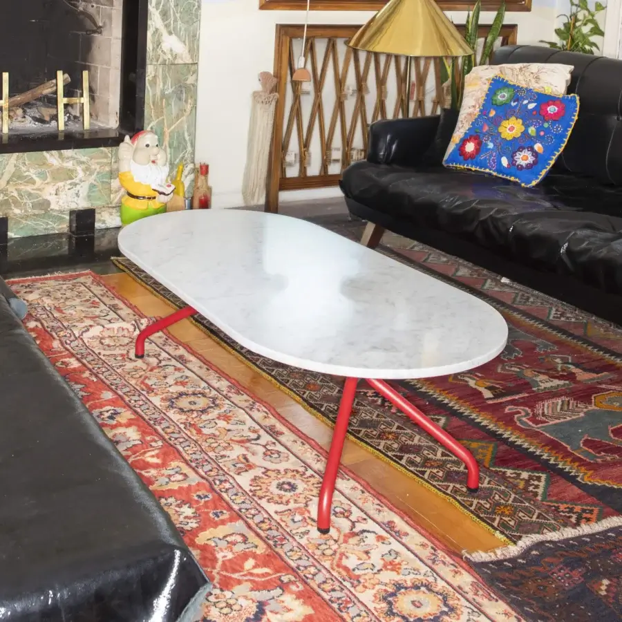 Exquisite B-Line Ad.Da coffee table with oval marble top in grey veining and vibrant red slender splayed metal legs