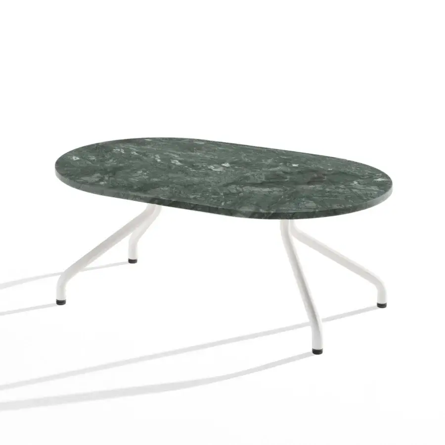 Harmonious B-Line Ad.Da coffee table in polished deep green marble with white veining and slender curved crisp metal legs
