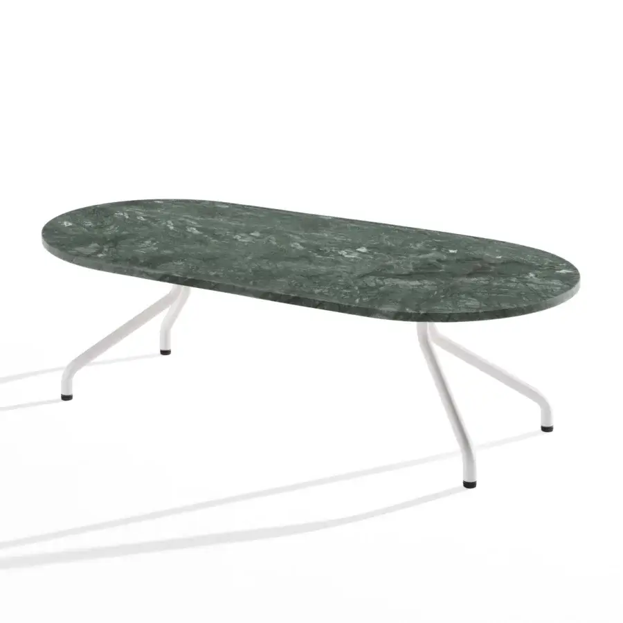 Exquisite B-Line Ad.Da coffee table in polished dark green marble with grey veining and matte white metal legs