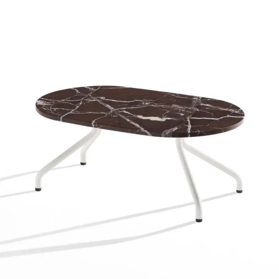 Sophisticated B-Line Ad.Da coffee table in polished burgundy marble with cream veining and matte white sculptural legs