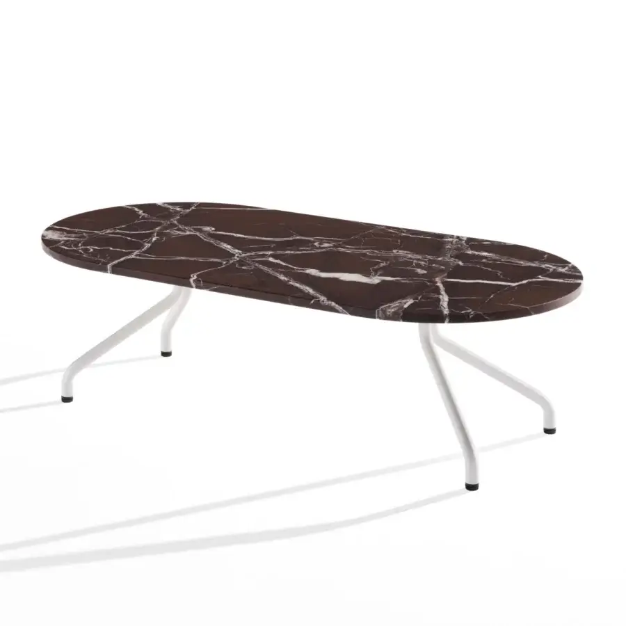 Distinctive B-Line Ad.Da coffee table in polished dark brown and white veined marble with slender splayed metal legs