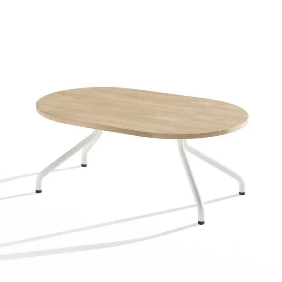 Impeccable B-Line Ad.Da coffee table with oval light natural wood top and slender curved white matte tubular metal legs