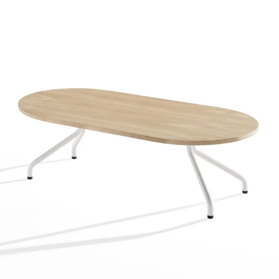 Sophisticated B-Line Ad.Da coffee table with elongated oval light natural wood and curved white metal refined matte finish