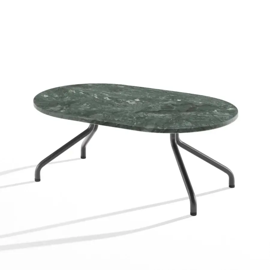 Architectural B-Line Ad.Da coffee table with oval deep green marble top, white veining and matte dark grey metal base