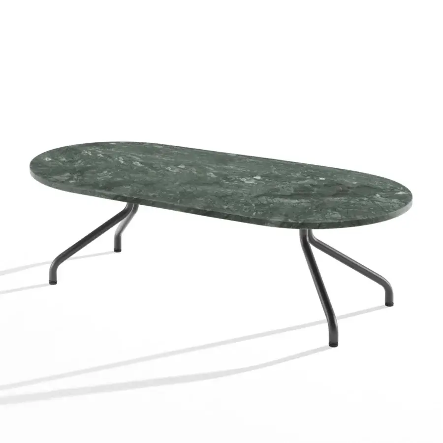 Exquisite B-Line Ad.Da coffee table with oval deep green marble top, white veining and dark grey matte tubular metal supports