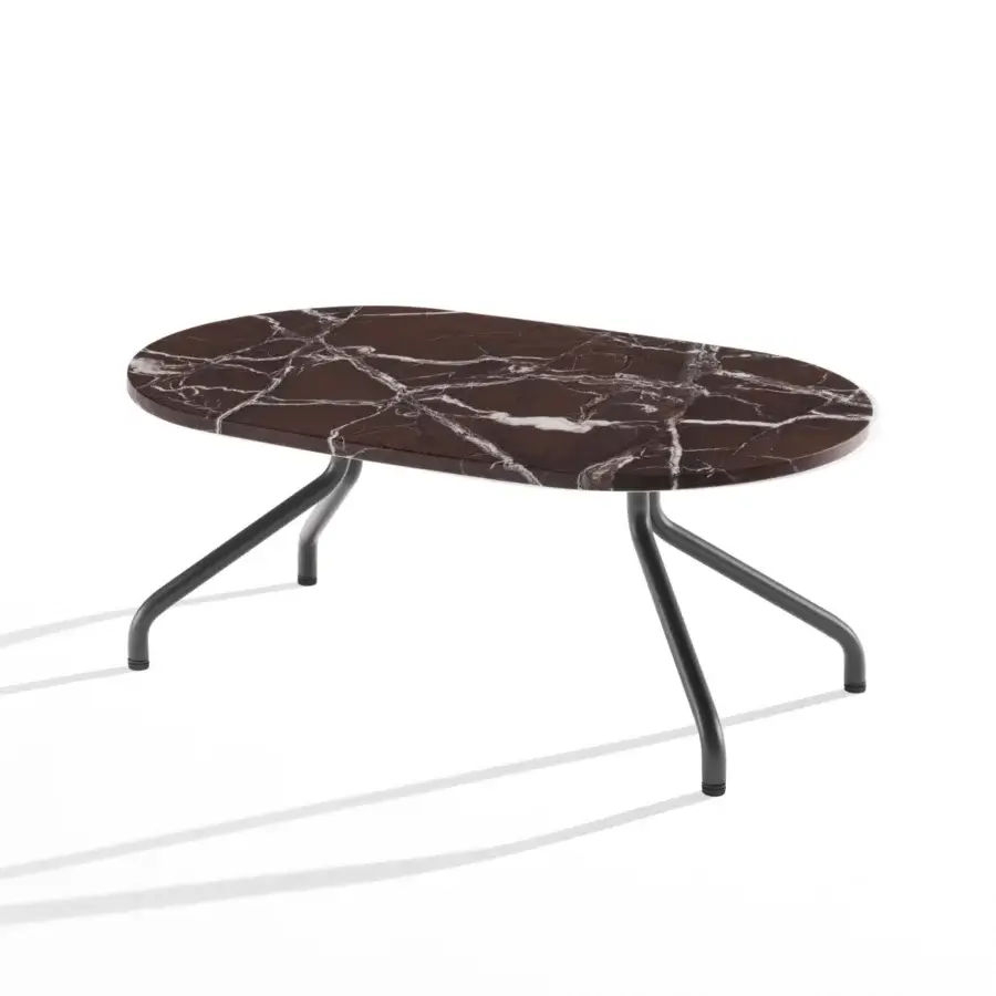 Lustrous B-Line Ad.Da coffee table with polished deep reddish-brown marble oval top and slender matte dark gray metal legs