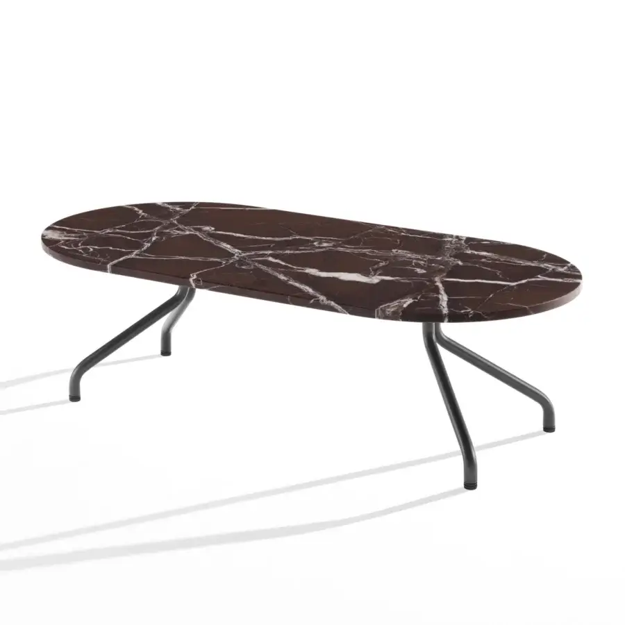 Architectural B-Line Ad.Da coffee table built with deep reddish-brown polished marble oval top and dark grey metal legs