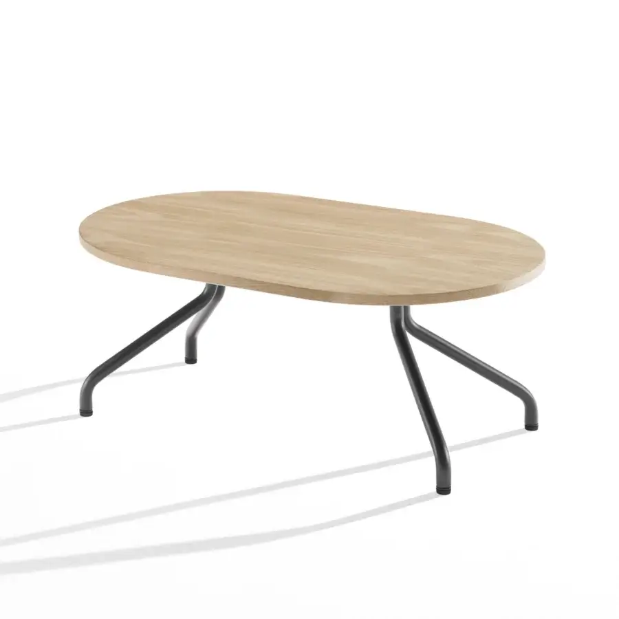 Sophisticated B-Line Ad.Da coffee table with visible grain light toned wooden oval top and dark grey tubular metal legs