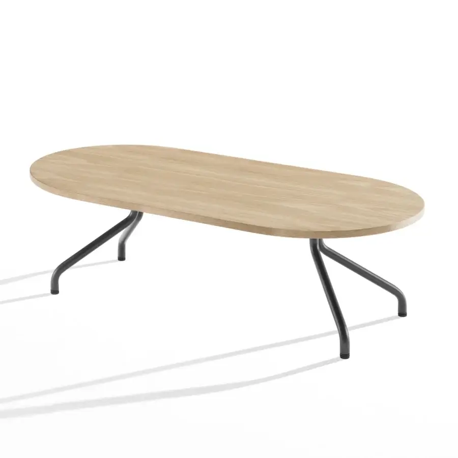 Exquisite B-Line Ad.Da coffee table with minimalist oval light natural tone wood top and matte dark grey metal V-shaped legs