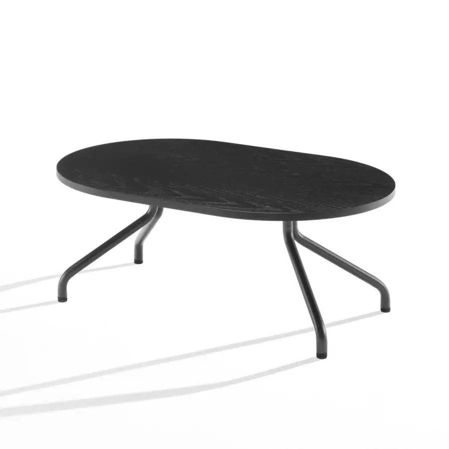 Distinguished B-Line Ad.Da coffee table with organic oval matte black wooden top and fluidly bent tubular metal legs