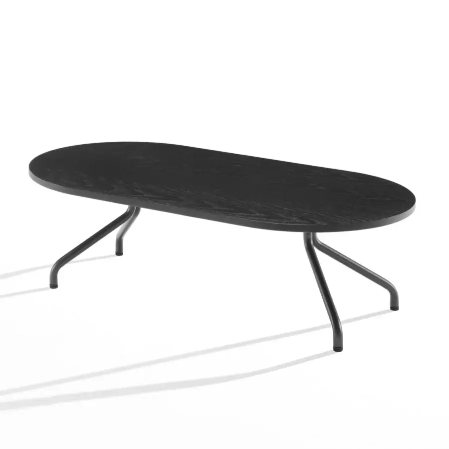 Sophisticated B-Line Ad.Da coffee table with an elongated oval wooden top and crossed tubular metal legs in matte black