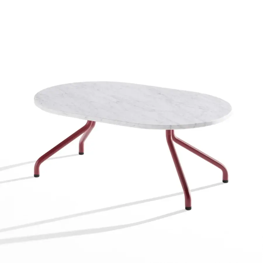 Exceptional B-Line Ad.Da coffee table with grey veining oval marble top and reddish-maroon tubular metal legs