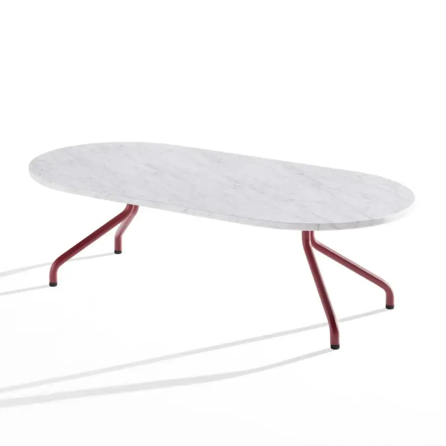 Prestige B-Line Ad.Da coffee table with grey veined polished white oval marble top and deep red matte metal legs