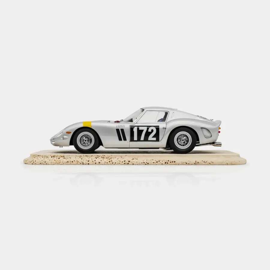 Exquisite Vèlle Milano Ferrari 250GTO Tour de France metal scale model in silver and Modena yellow on textured marble base