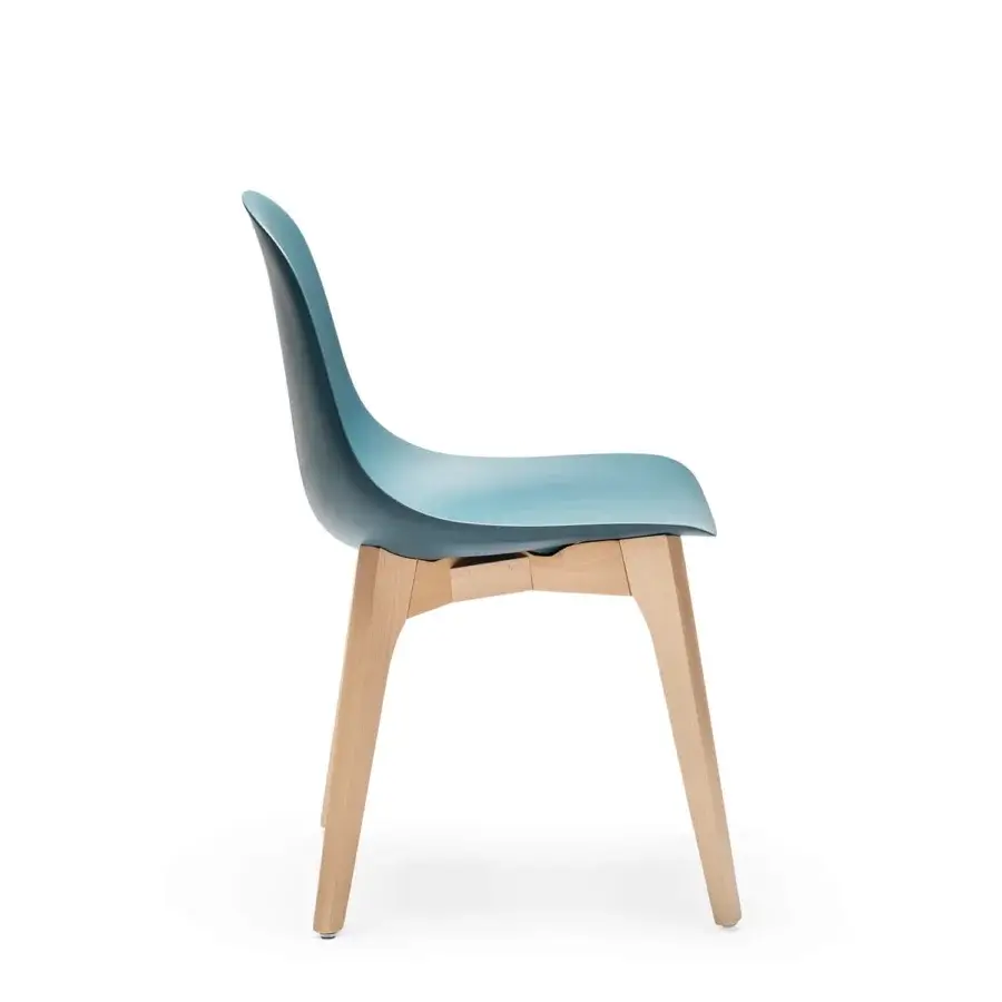 Elite Chairs & More Gotham W seating with teal Tech polyurethane shell, teardrop cutout and natural beech wood base