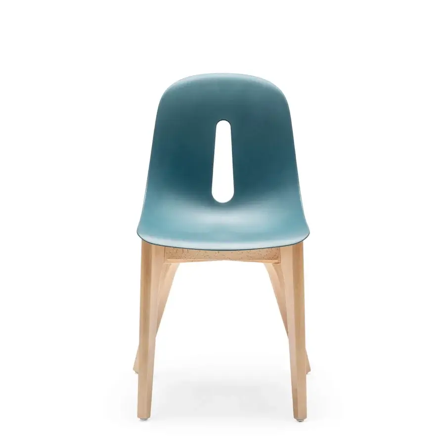 Exceptional Chairs & More Gotham W seat in muted teal Tech polyurethane with a teardrop cutout and natural beech wood base